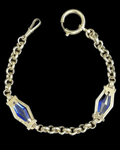 Art Deco Blue Depression Glass Diamanté Watch Chain Collar