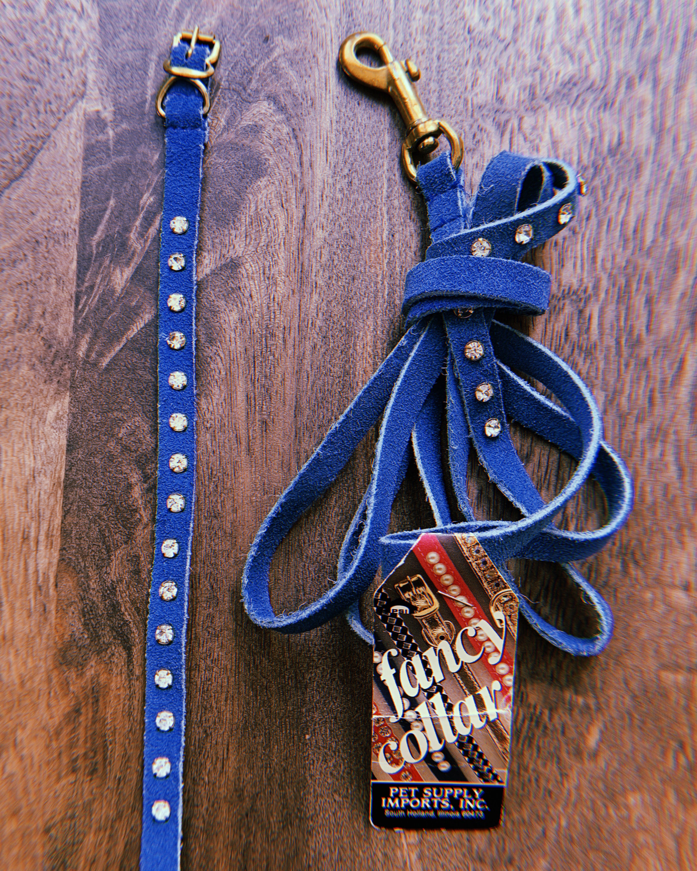 1980's Rhinestone Blue Suede Collar + Leash Set