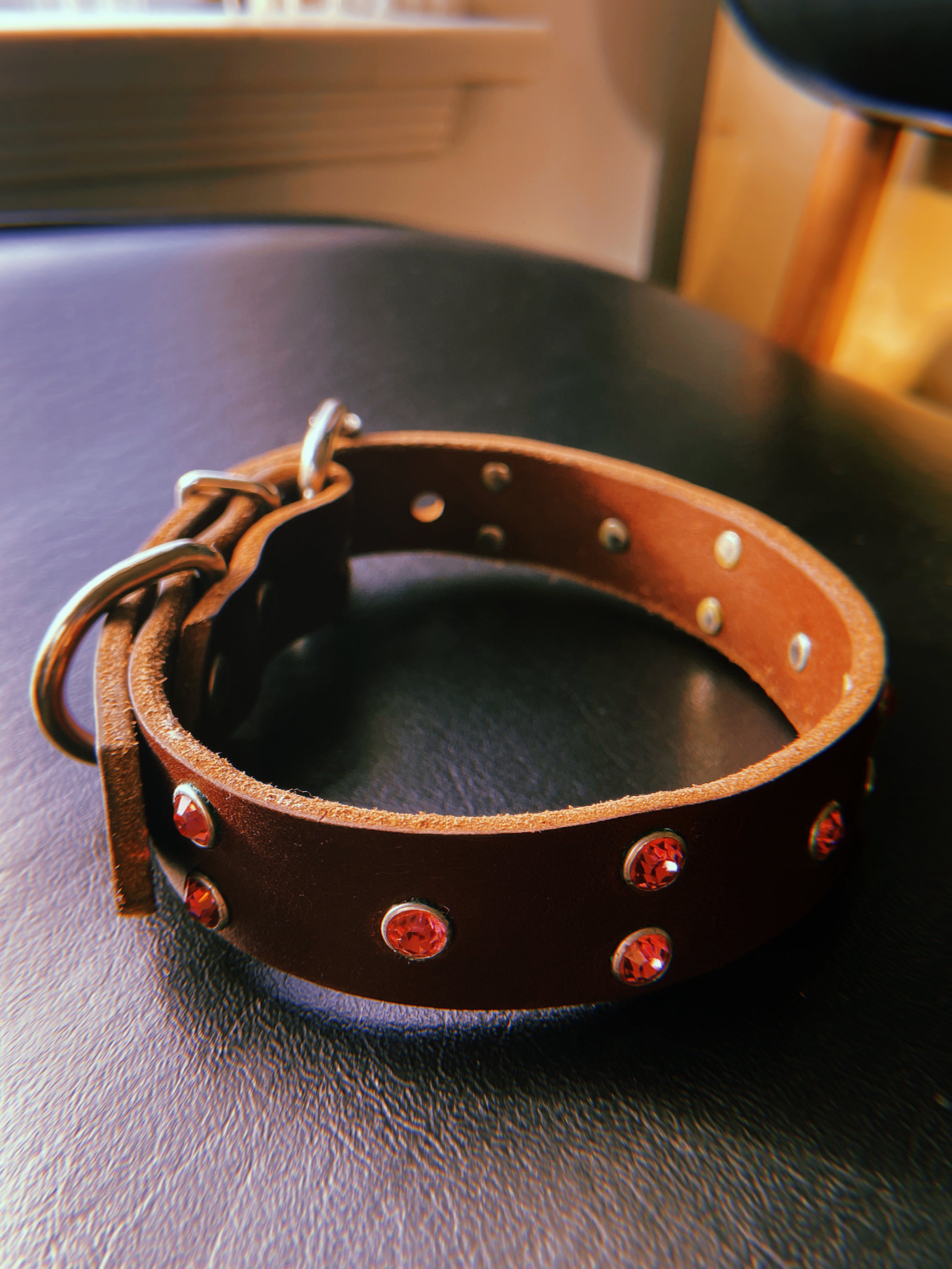 Y2K Handmade Cordovan Leather Collar with Pink Rhinestones