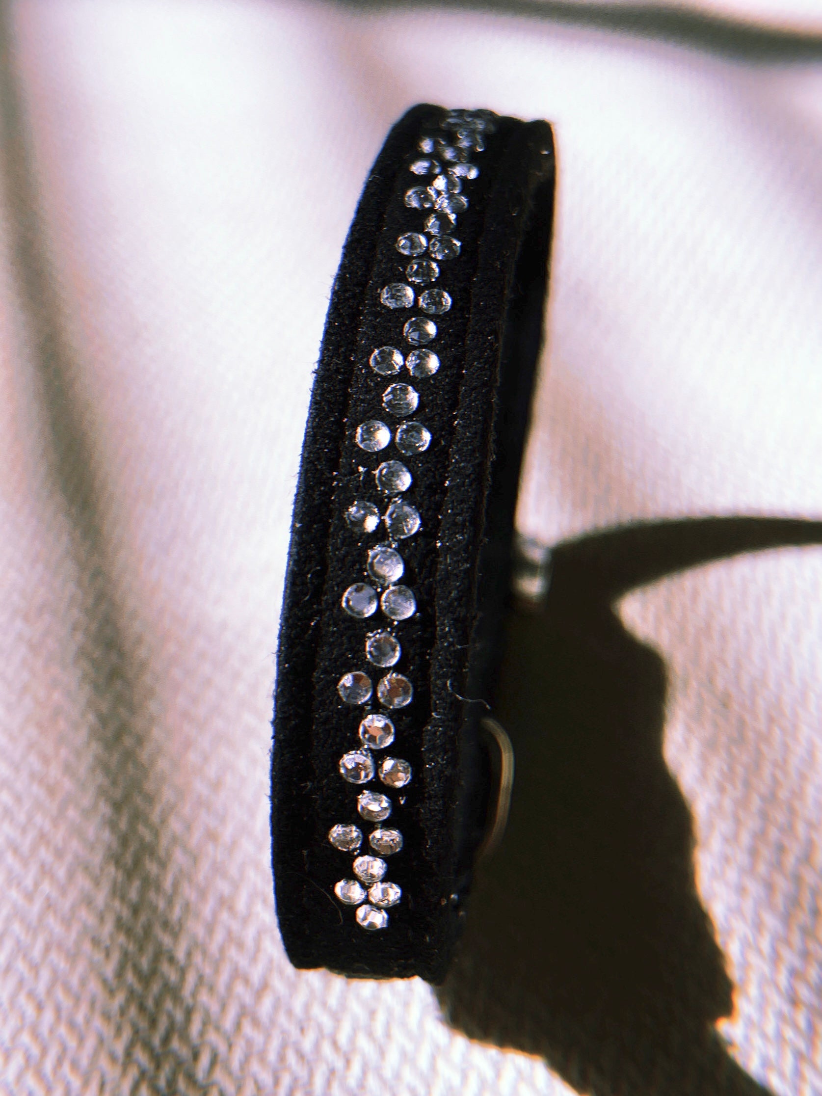 Vintage Black Fabric Tiny Pet Collar w. White Rhinestone Applique