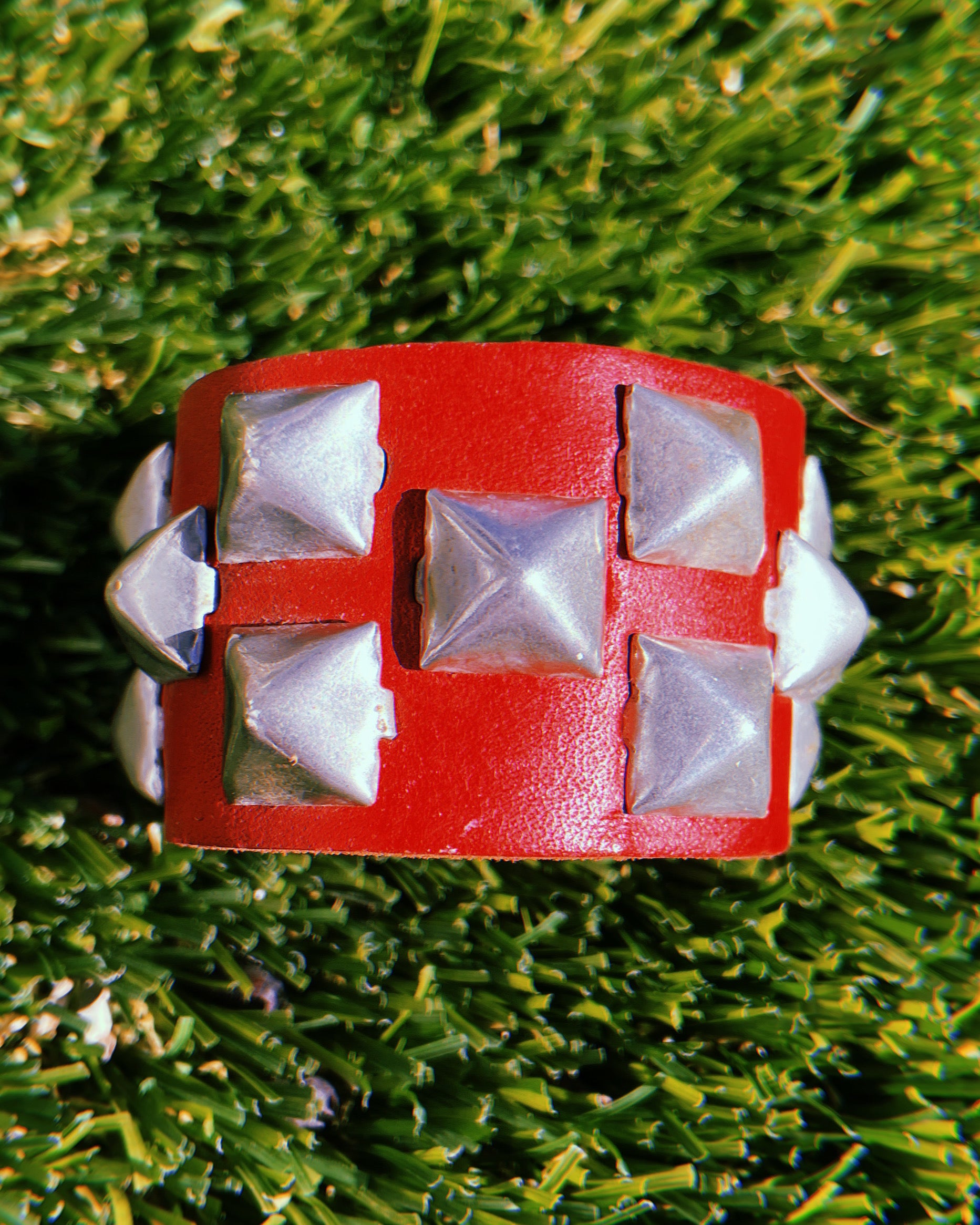Vintage Small Red Leather Pyramid Stud Pet Cuff