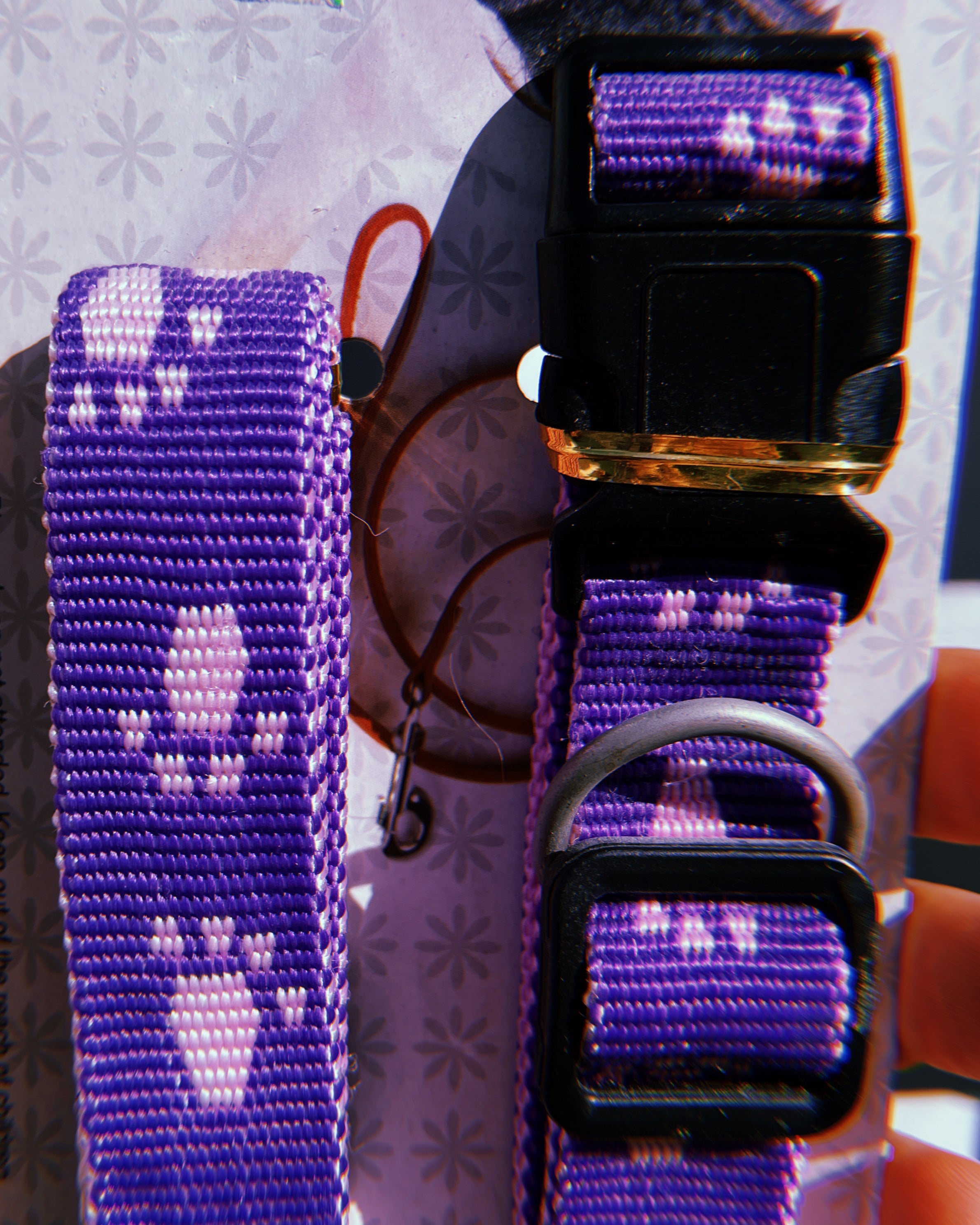 Y2K - Pink + Purple Paw Print Reverse Nylon Collar + Leash Set