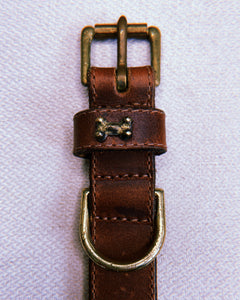 1990's Brass Bone in Brown Waxed Leather Dog Collar