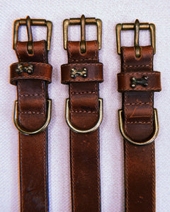 1990's Brass Bone in Brown Waxed Leather Dog Collar