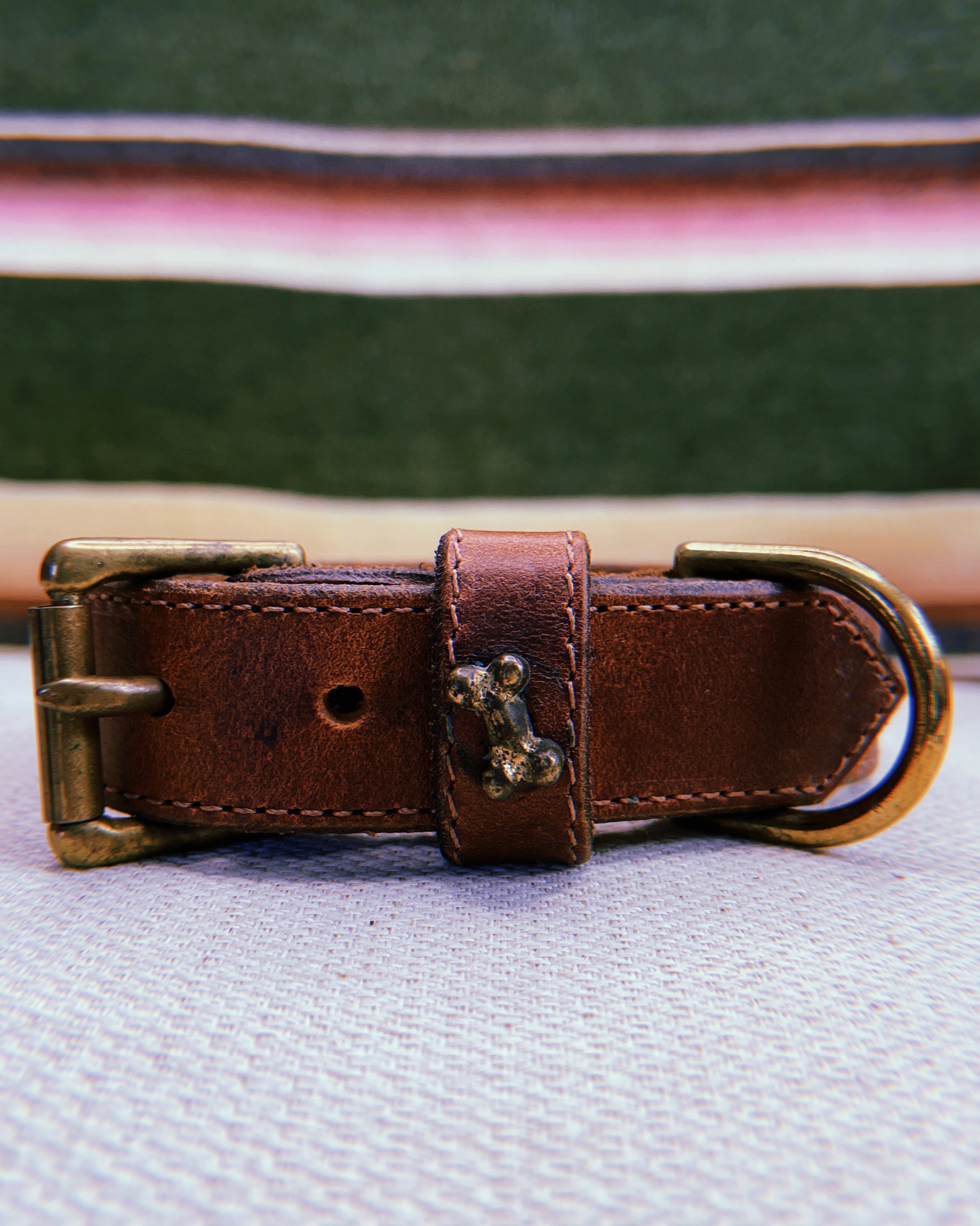 1990's Brass Bone in Brown Waxed Leather Dog Collar