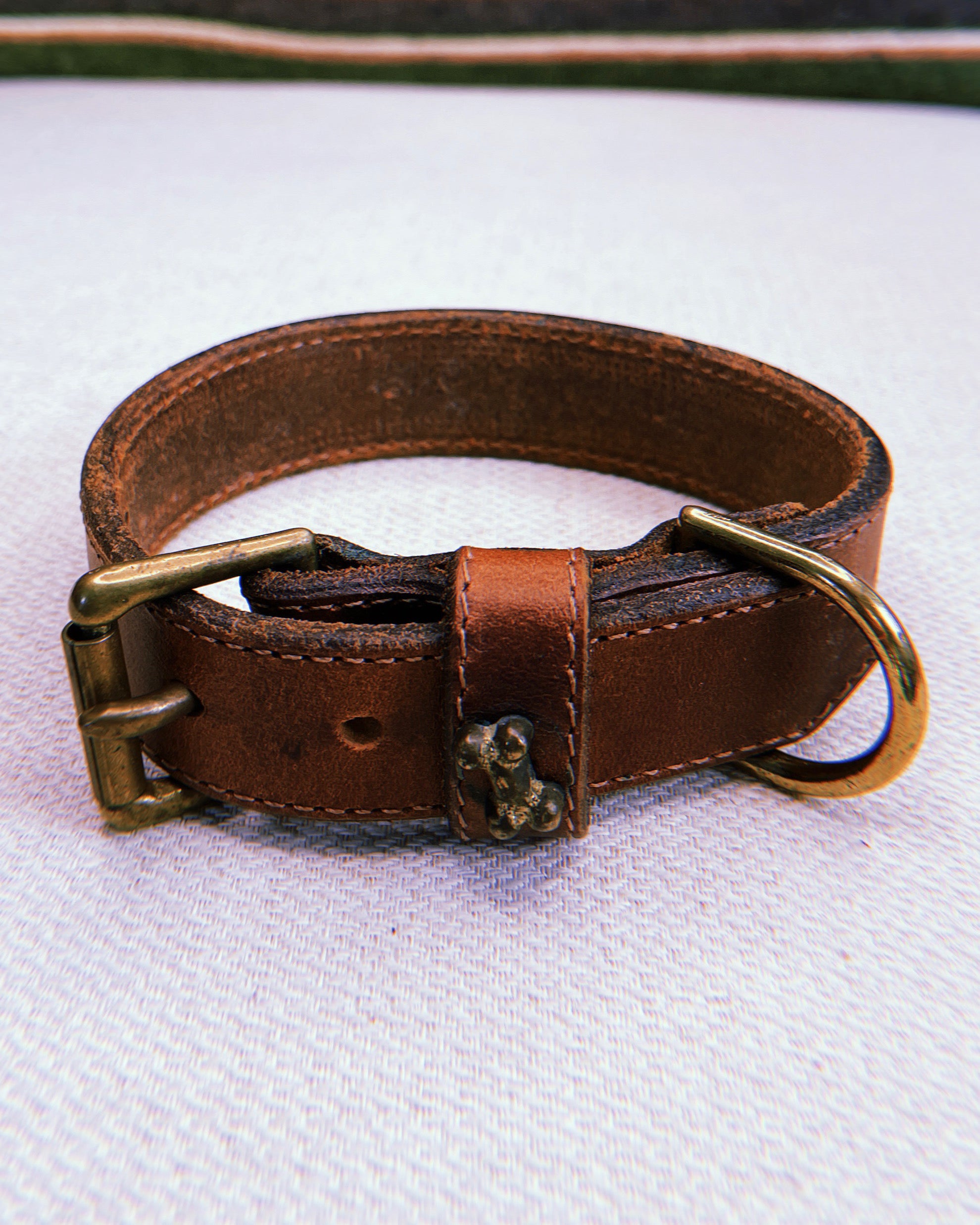 1990's Brass Bone in Brown Waxed Leather Dog Collar